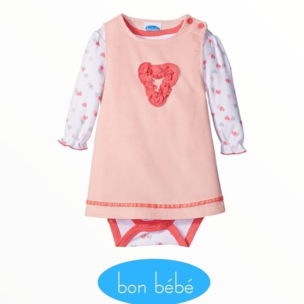 BON BEBE | Coral | Corduroy Jumper Set with Longsleeve Lap Shoulder Bodysuit